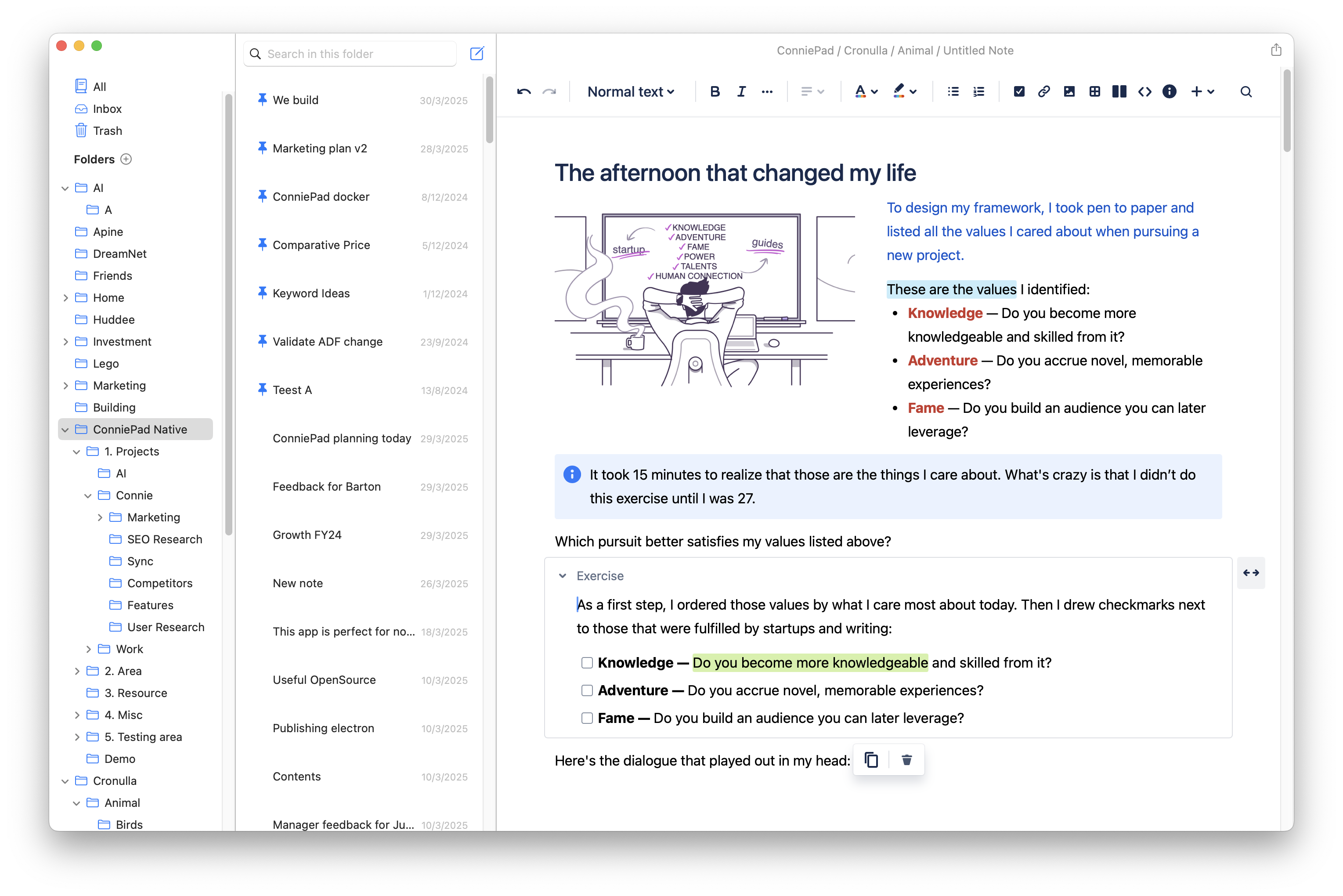 ConniePad app screenshot showing document editing interface